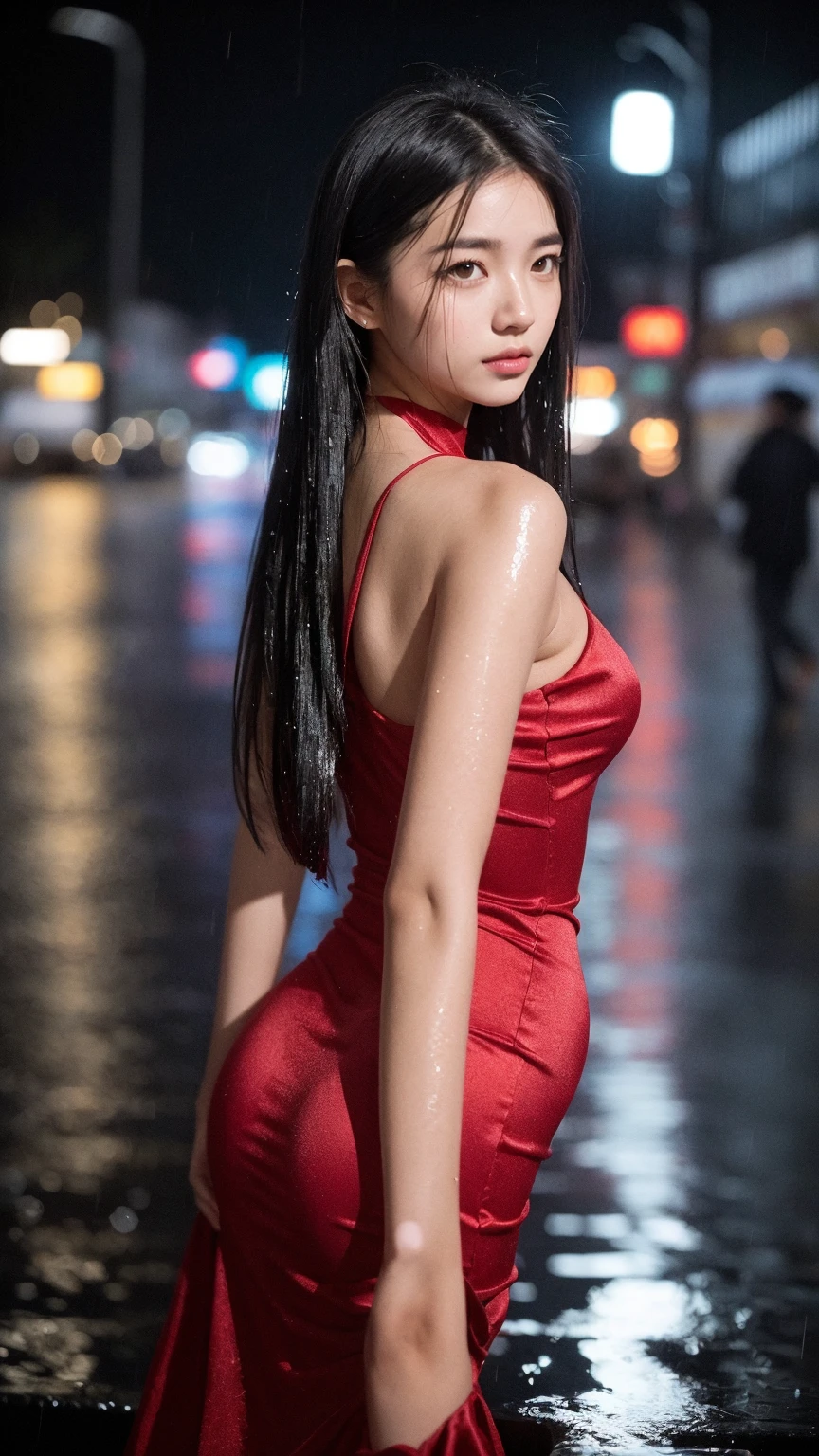 1girl,27 years old,solo,long hair,Rough skin,portrait,front on camera,face focus,(looking at viewer:1.2),wet hair,dark,polaroid,(depth_of_field:1.5),rainy days,outdoors,street,hair between eyes,moody lighting,Tyndall effect,Cinematic Lighting,night,lamppost,lens flare,available light,rim light,glowing neon lights,curvy,Red silk dress,korea girl,smiling,pink lipstick