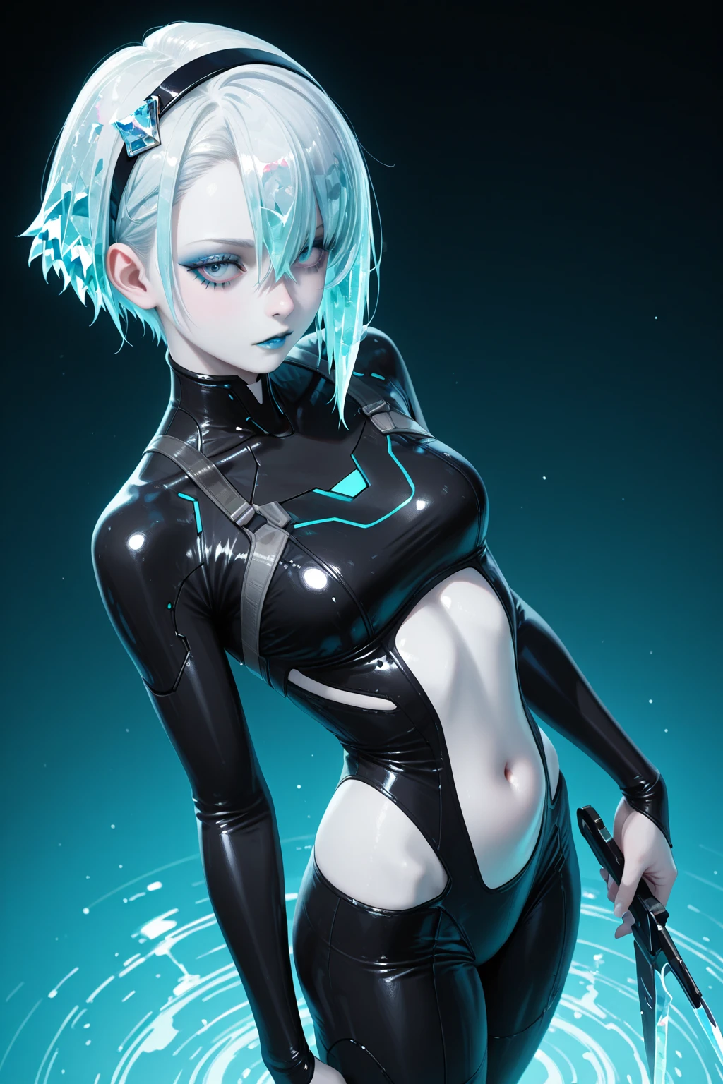 Cyberpunk Edgerunners, 1girl, Lucy \(cyberpunk\), blue eyes, cyber eyes,, pale skin, petite figure, (medium chest, wild girl, small head)), daylight, sunlight, (perfect body: 1,1), (young), (short wavy hair: 1,2), white hair, ((hair with bangs)), collar, full length, crowded street, wearing a tight cropped ((black latex sports bra), ((black latex panties) ),black latex panties, (extremely detailed CG 8k wallpaper), (an extremely delicate and beautiful), (masterpiece), (best quality: 1.0), (ultra high resolution: 1.0), gorgeous lighting, perfect flashes , realistic shadows, [high res], detailed skin, extremely detailed, pale skin, camel toe, barefoot