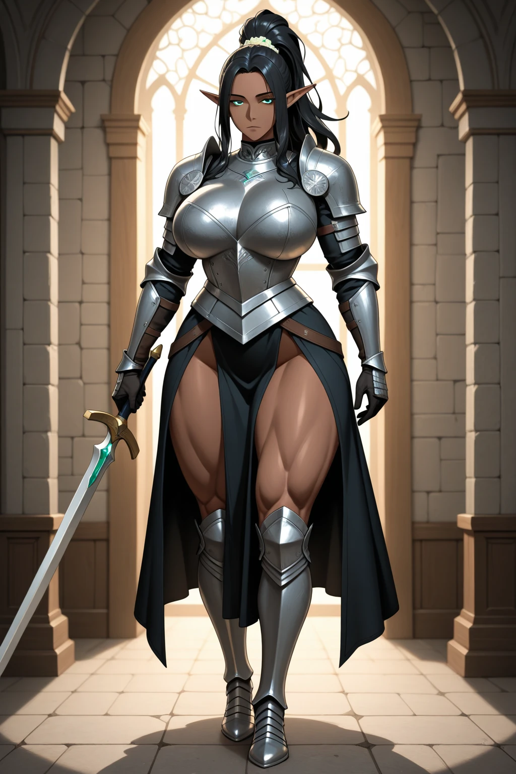 (masterpiece:0.8, Best quality:1.5), difficult:1.8, (((((ONE giant golden sword, luminous, engraved)), flower field, night, bright moon, stars, Fujifilm, 8K, depth of field, hips))), BREAK; female paladin (((Kiki Minaj))), (((drow))), BLACK WOMAN, Beautiful faces, muscular body, Large angel wings, leather belt with skull, fishnet stockings, medieval armor black chrome, bare chest, standing nipples, Pubic hair, right hands, hairy pubis, full length