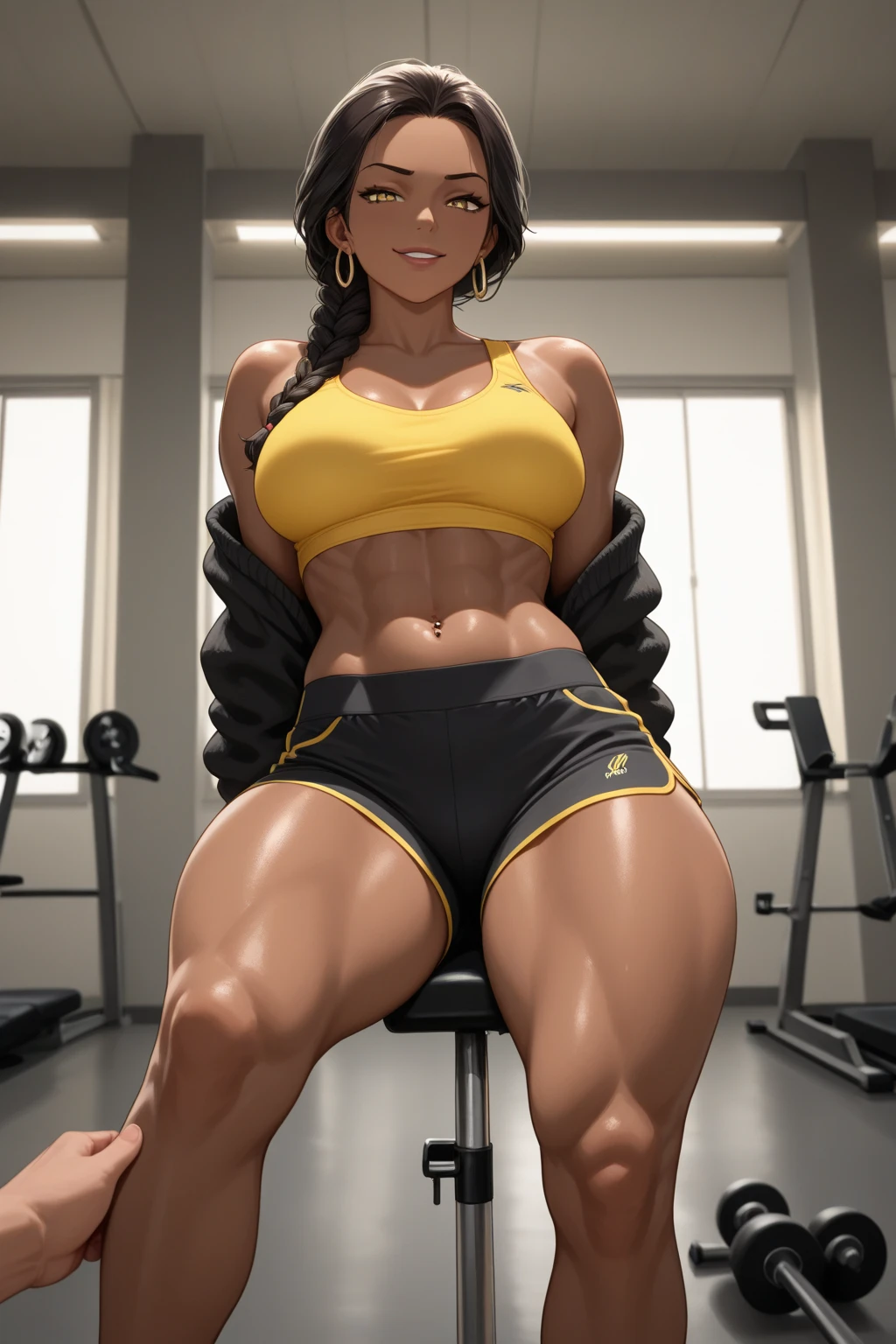 absurdres,, (1girl:1.2),  (abs:1.23),huge_breasts、(dark_tanskin:1.3)unity  Dynamism,forward leaning posture、spread legs、she looks away, Loose-fitting clothing、Blurred Background、Sagging breasts、Leaning forward,((manga style:1.23)) , (white background:1.5)、A happy look、Plump body、Sitting、Legs crossed、Watercolor、(Watercolor style:1.8),(black clothes:1.5)、NIKE sneakers、Sneaker commercial、(Close up on sneakers:1.55)、Very Short Hair、Boyish Girl、