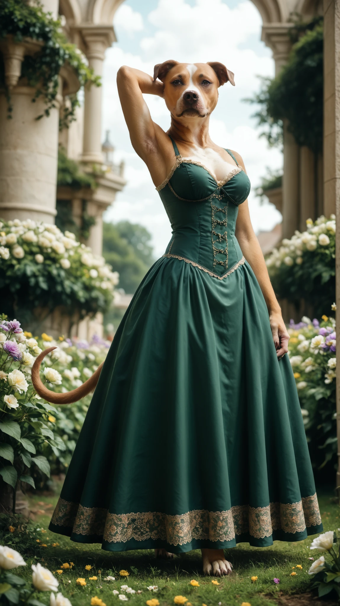 girl standing on a green blanket in a dress. Set against an Victorian backdrop that is covered in flowers. pitbull, apbt, beautiful eyes, brown eyes, paws, brown fur, armpit, thin tail, low angle