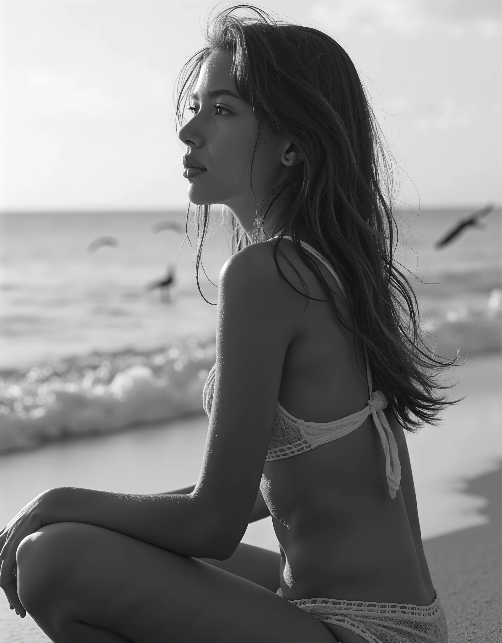 (((black and white photo, in the highest detail,))), cute very (((very young European-Caucasian beauty girl, )young girl,sexuality, with wet hair (SITS WITH HER HANDS HUGGING HER knees,we see her from the side,) ,DRESSED in a micro-bikini on the ocean shore,the wind is developing her hair,the warm ocean, endless sea , A COUPLE OF SEAGULLS ARE FLYING FAR AWAY on the ocean,Waves,a sandy deserted beach, looks thoughtfully into the distance, The focus on her face ,hyperrealism,teen,schoolgirl,young,flat chest, very thin but muscular figure,goosebumps ,Beauty,