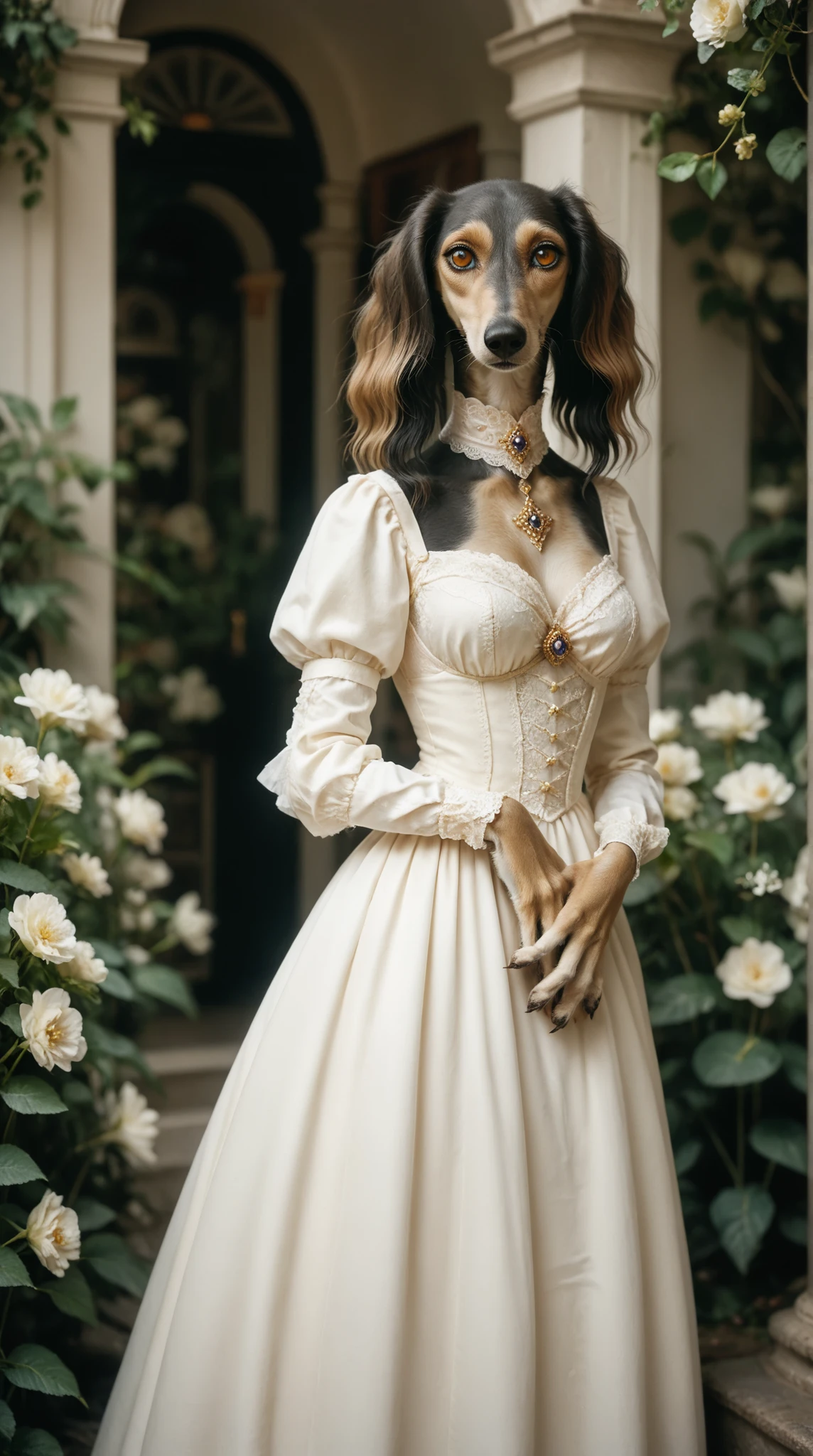 shy girl standing in a dress. Set against an Victorian backdrop that is covered in flowers. saluki, greyhound, borzoi, sighthound, beautiful eyes, golden eyes, paws, black fur