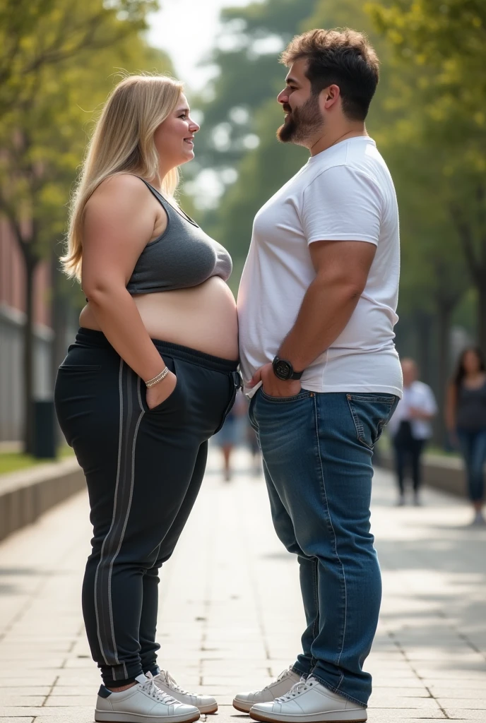 ((1 man, 1 woman)), 186cm 105kg male, Women weighing more than 100kg, Severely obese woman, 초Severely obese woman, A friendly obese man and woman couple, Facing each other, chest and stomach touching, Abdominal exposure, severe abdominal obesity, Women are fatter than men, Women weigh more than men, woman with thick waist, man with thick waist, her belly is fat and round, visible ship, She has a jiggly, fat, round belly, belly exposed, Romantic fat man and woman couple, fat belly, big stomach, WHR>=1.0 woman, man with a big belly, woman with a big belly, pregnant belly, 8K, realistic