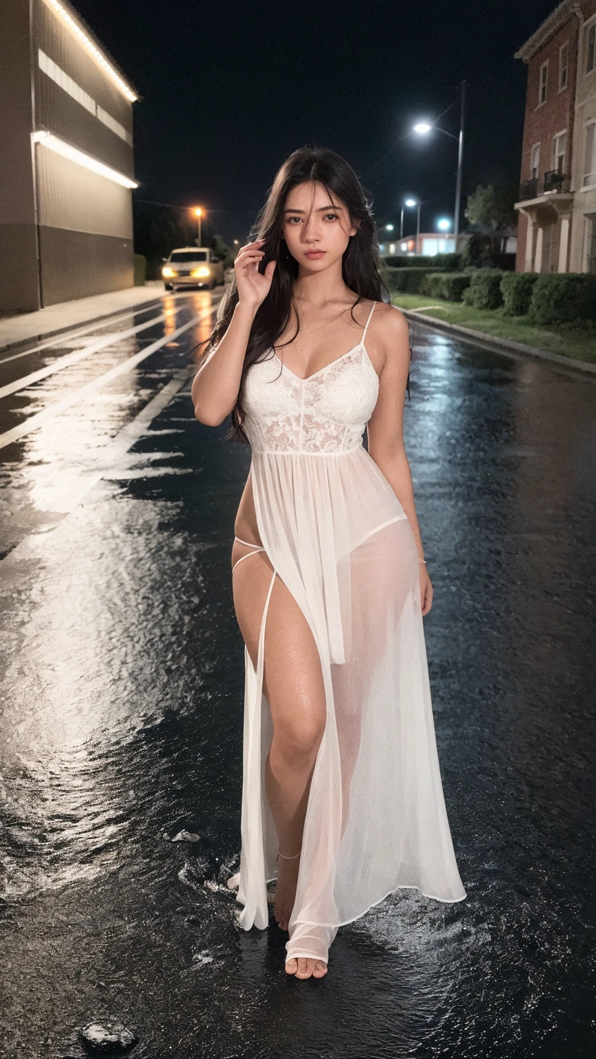 (Best Quality, Ultra-detailed, Realistic:1.3), Spanish woman walking on cobblestone street, in old Barcelona, playful, sheer see through white sundress, bright sunshine, beautiful maiden, cleavage, long hair, hat