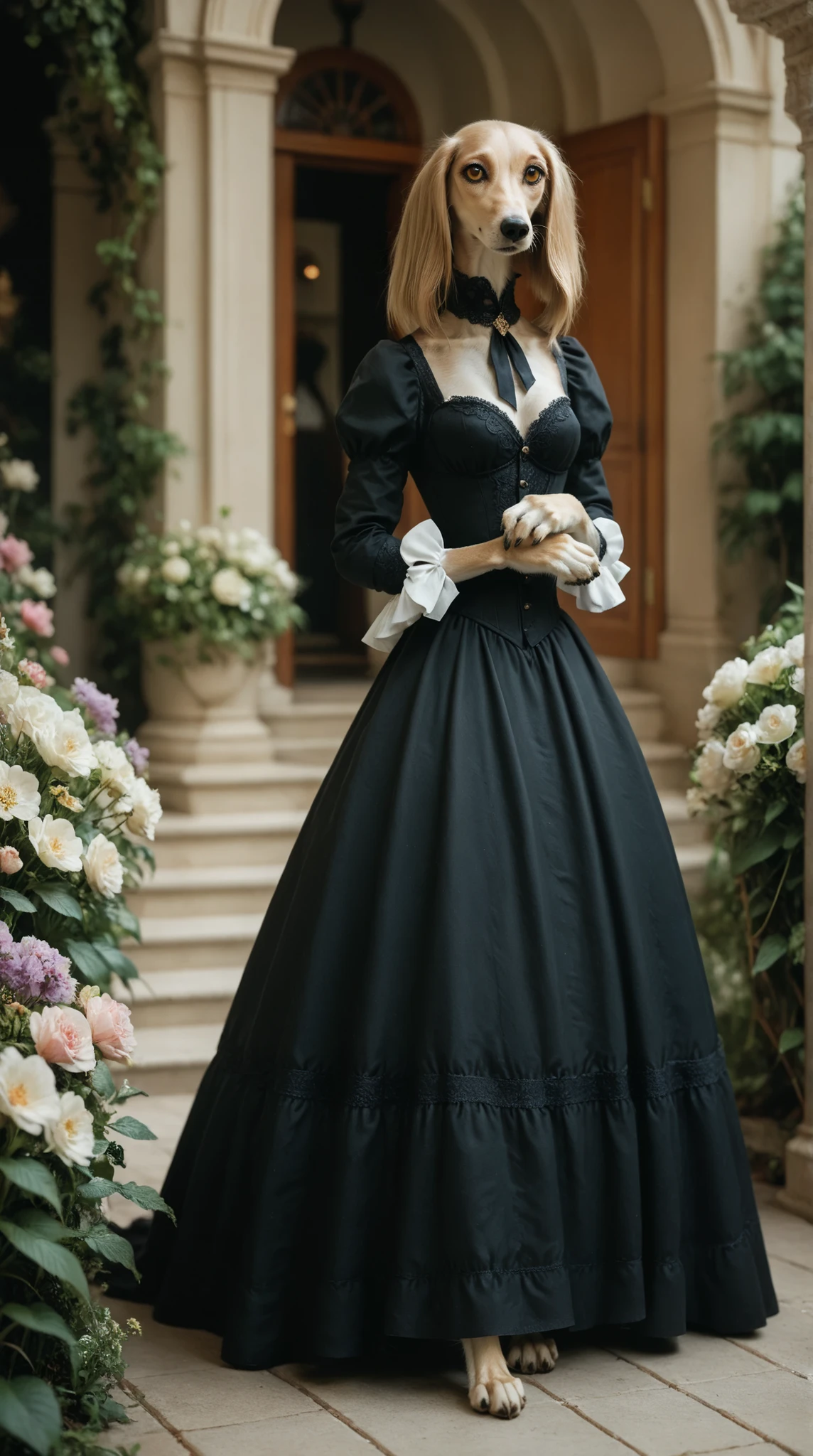 shy girl standing in a dress. Set against an Victorian backdrop that is covered in flowers. saluki, greyhound, borzoi, sighthound, beautiful eyes, golden eyes, paws, black fur