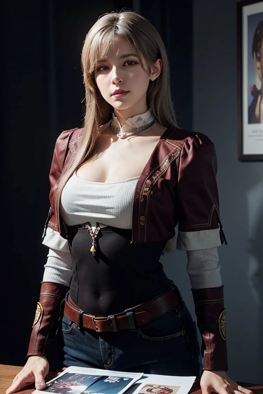Alexandra Daddario, 1girl, portrait of beautiful lobapex, athletic, white jacket, corset, skirt, pants, black hair, red hair, braids, makeup, choker, cleavage, wide hips, volumetric lighting, best quality, masterpiece, intricate details, tonemapping, sharp focus, hyper detailed, trending on Artstation, realistic