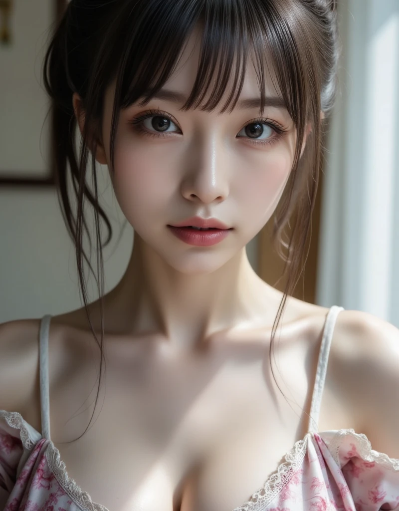 (Raw photography、top-quality)、(realisitic、Photorealsitic:1.3)、top-quality、masterpiece、extremely delicate and beautiful、A highly detailed、nffsw、A sense of unity、2k wallpaper、magnifica、Beautiful in every detail、masterpiece、浅笑、top-quality、Highly detailed ticker Unity 8K wallpapers、huge filesize、ultra-detailliert、hight resolution、ighly detailed、Female 1 Person、Slim body、D-cups、(Black Leotard Top:0.7)、(Pink skirt:1.2)、(Bun hair)、(brown haired)、Look at the front、Sharp Focus、Face Close-up、pureerosface_v1:0.8 Short Hair、