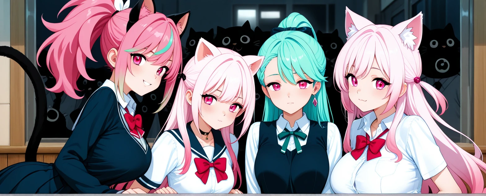 mastute piece,Best Quality,insanely detailed,8k cg,nsfw,
(3girls,line up in a row,on all-fours,raise butts,tail raised,look at front,side by side,(winter school uniform,breasts out,no bra,no panties,bare breasts,cat ear headband),blush,shy,ecstasy face,gasping,trembling,pink hair,perfect breasts,perfect nipples,open mouth),
school corridor,