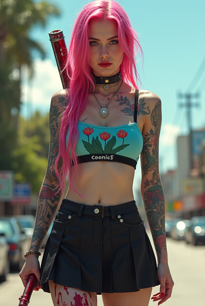 A captivating photograph of a stylish woman with pink hair, wearing a green crop top, black leather shorts, and gloves. She sports a pair of glasses and a tattoo on her left hip. Her posture is confident as she stands in a gritty alleyway adorned with a chaotic arrangement of signs and graffiti. The overall ambiance of the scene is edgy and urban, with a touch of punk-inspired fashion., photo