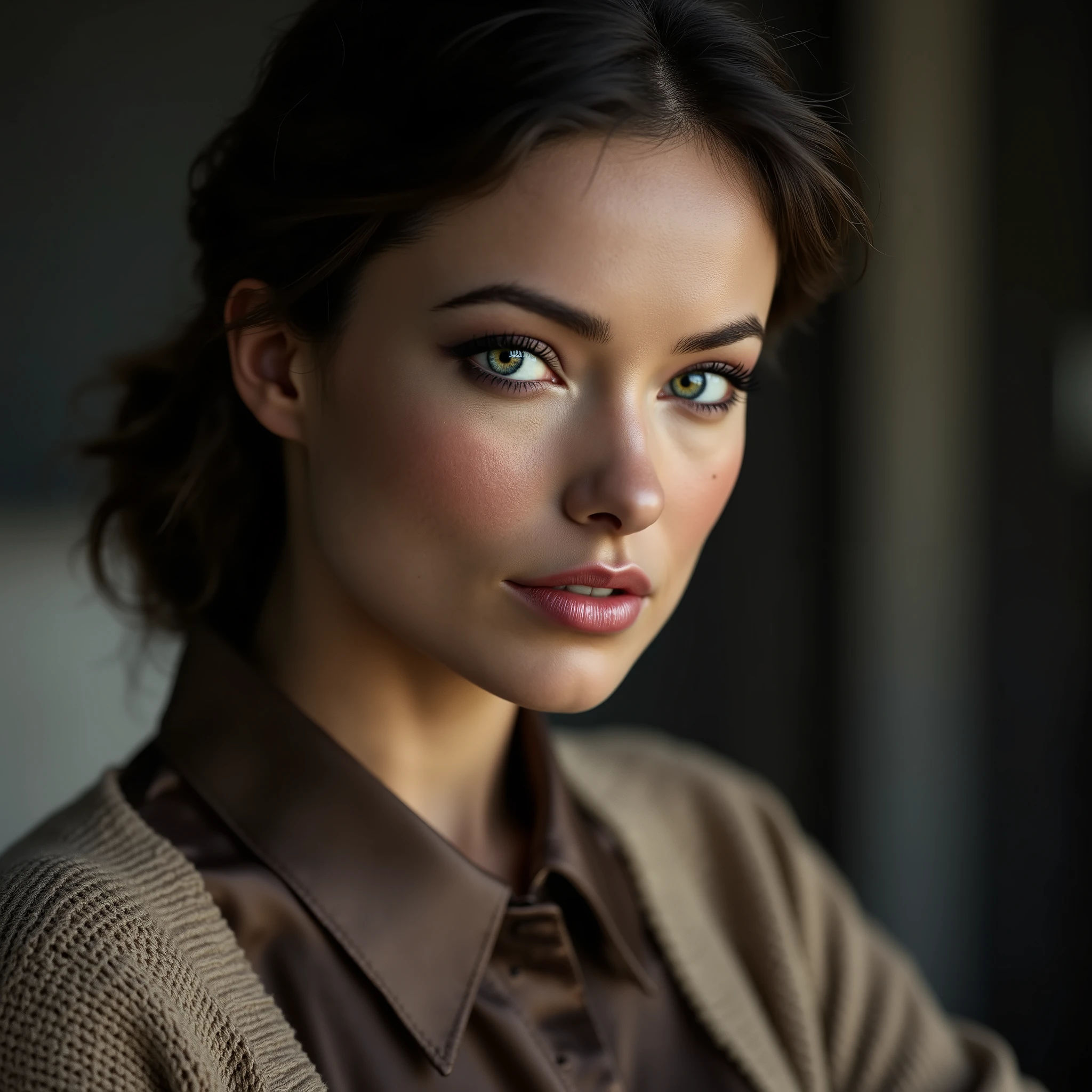 arafed woman wearing a collared satin blouse under a crewneck sweater, gorgeous eyes