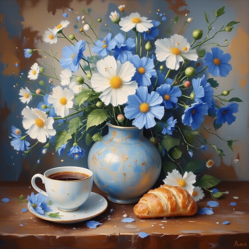 perfect morning, painting of vase with blue and white flowers on old oak table, cup of hot coffee and bun, clear lines, fast painting, author vladimir volegov, bright triadic color scheme, cornflowers and daisies, master painting, gesture