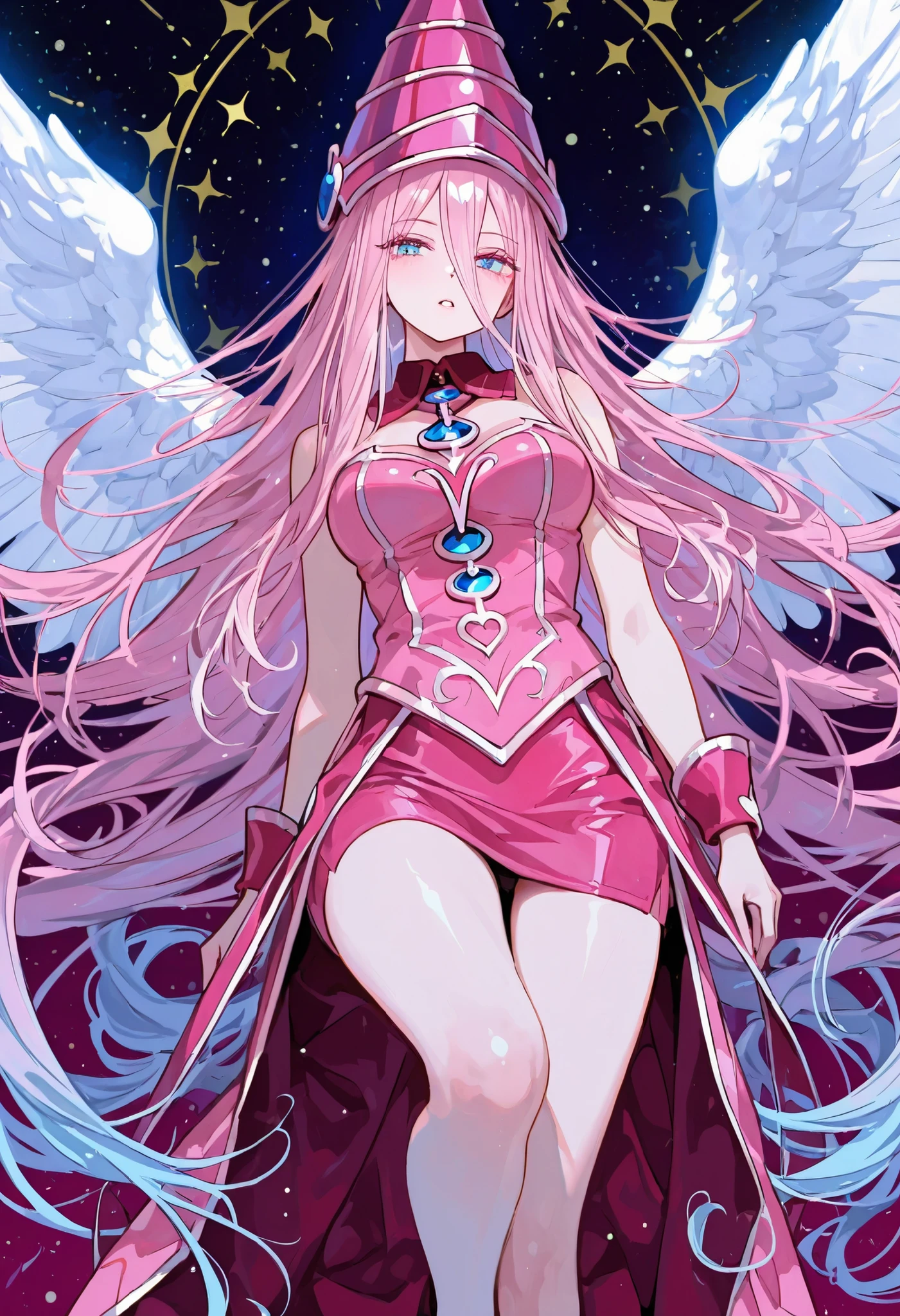 Nice human girl magician, intense lightblue eyes, very long long long wavy redpink hair , Fierce Big White horse with wings Pegaso  in background.
