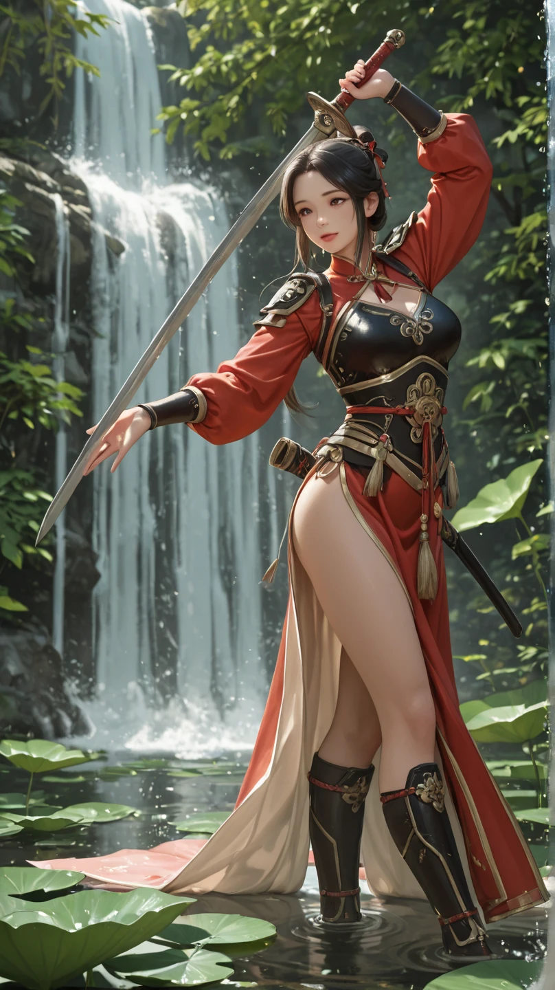 Uma mulher vestida de lingerie vermelha segurando uma espada em frente a uma waterfall, Kizi, in battle stance, standing backwards, a shiny katana (holding it by the handle), very long brown hair, blue colored eyes, big-ass, red thong with strings, white lace thigh high stockings, cinematic light, Trees, waterfall, Chinese shrine, blue sky, white clouds, seminua, breasts big, quase nua, great breasts 