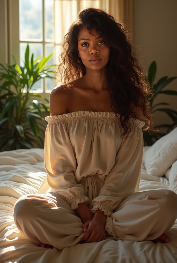 (photorealism:1.2), a beautiful Papua New Guinean woman, sitting on bed, wearing loose off-shoulder top, pajama pants, long curly hair, indoors, soft lighting, plants in background, window with sunlight, cozy room, relaxed pose, realistic, intricate details, warm colors, by Greg Rutkowski, by Alphonse Mucha