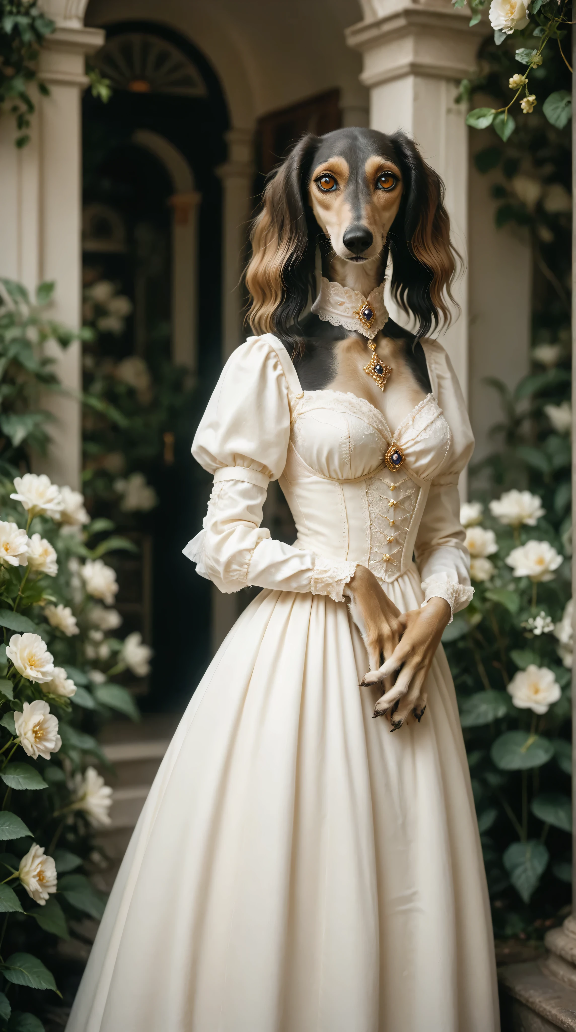 shy girl standing in a dress. Set against an Victorian backdrop that is covered in flowers. saluki, greyhound, borzoi, sighthound, beautiful eyes, golden eyes, paws, black fur