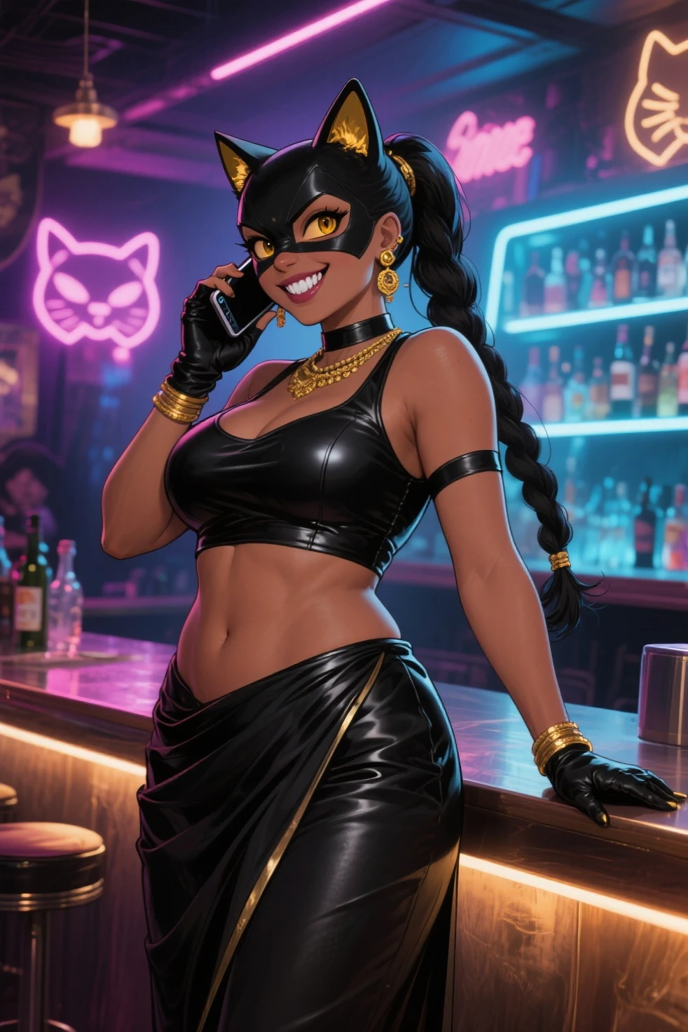 Masterpiece, Excellent, 1girl, solo, complex details, color diffusion, comic book, anime, marvel, DC, catgirl, dark skin, ebony, brown skin, dark-skinned female, thighs, cat ears, dark hair, black hair, braids, dreadlocks, braided hair, purple eyes, skimpy attire, epic attire, assassin, badass, deadly but sexy, trending, demon, goddess, Super Villain