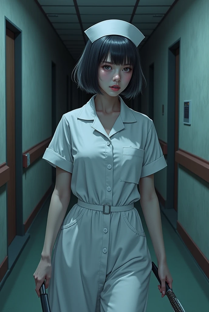 Anime girl walking down hallway in gray and red tie with blue eyes,short neck-length hair of dark blue color with brown roots covering the right eye with the hair,with bald cheek mark and blue shine
