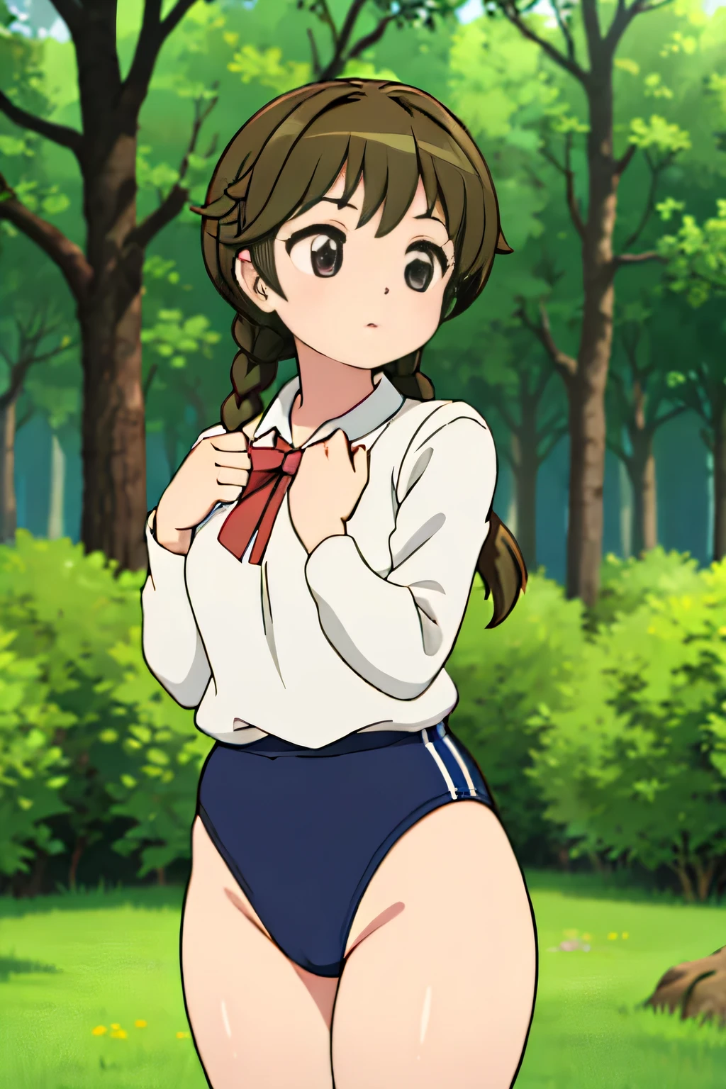 (masterpiece, highest quality), 1 girl, beautiful face, beautiful body,  wearing a Black gymnastics bloomers, High leg、white blouse,    cowboy shot、Are standing、full body portrait、alone, complex details, enlarged textures, complex details, finely detailed eyes and detailed face, intricate details, (closed mouth), perfect eyes, equal eyes, perfect body, extremely detailed, (), extremely realistic 3d,In a dark forest、cap,long violate hair,Grass