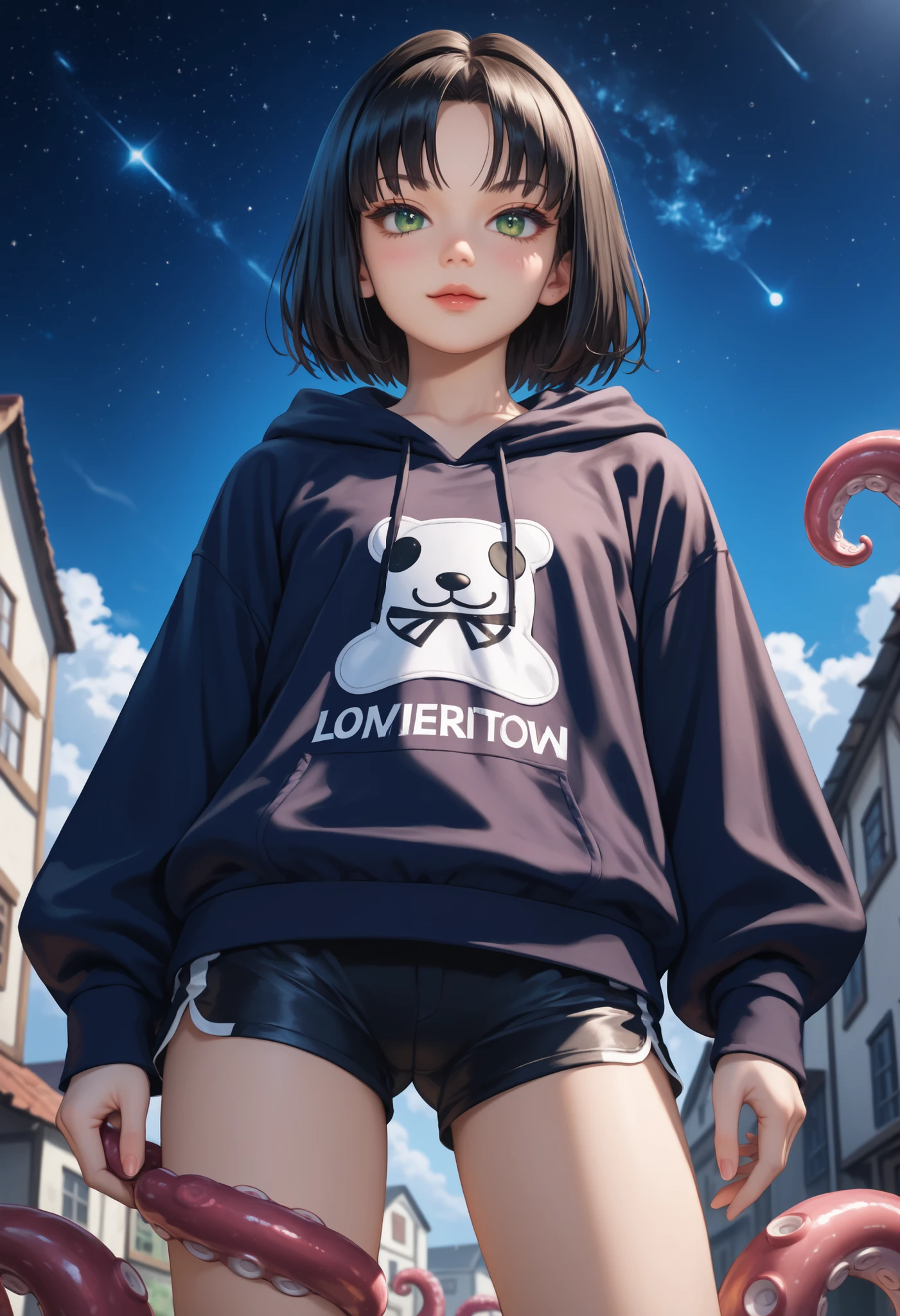 (ultra-detailed), (Ultra-high resolution), (8k), (HD), (High Quality), (Top quality), (High-Detailed), (Detailed CG), (Cinematic Shadow:1.0), (Beautiful Detailed Eyes), (Ultra Resolution), (Depth of Field), (High Resolution), (Masterpiece), (best quality), (amazing quality), (very aesthetic), (perfect eyes), (Anime Art style), dynamic angle, (look at viewer), (cowboy shot), 1girl, Tomie, (solo:1.4), long black hair, Alice band in hair, parted bangs, stunning green eyes, doll like eyes, black pupils, wearing an oversized hoodie, jersey sports shorts, flat chest, narrow waist, slender legs, (standing), dynamic angle, hands by side, arms by side, standing in a foggy seaside town at night, starry sky, gloomy atmosphere, view from below, Lovecraft tentacles in background, swarming tentacles, octopus tentacles
