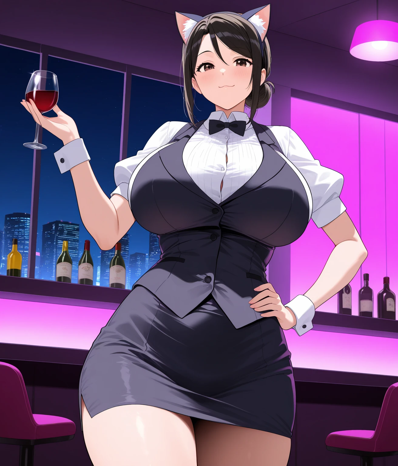 A beautiful anime-style girl, Yaoyorozu, with big eyes, long eyelashes, and a gorgeous face, wearing a sexy, revealing outfit that shows off her big round breasts and thighs, sitting at a bar in an anime-inspired cell shading art style, masterpiece, best quality, 8k, high resolution, ultra-detailed, realistic, photorealistic , blush , legs spread , pussy 