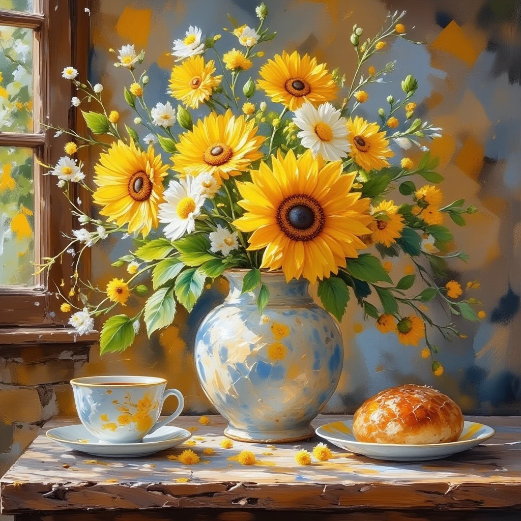 perfect morning, painting of vase with yellow and white flowers on old oak table, cup of hot tea and bun, clear lines, fast painting, author vladimir volegov, bright triadic color scheme, sunflowers and daisies, master painting, gesture