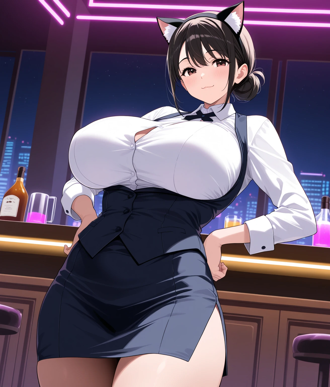 (high resolution), full body, 1girl, woman, mature female, housewife, milf, 40 years old, (curvy woman:1.4), (smile:1.6), (evil grin, light smile:0.5), one eye closed, right eye closed, (shiny skin, glistening skin, high gloss skin:1), (playboy bunny, black rabbit ears, wrist cuffs, black leotard:1.5), breast focus, (gigantic breasts:1.2), solo, black hair, middle hair, bob cut, black eyes, looking at viewer, bar,