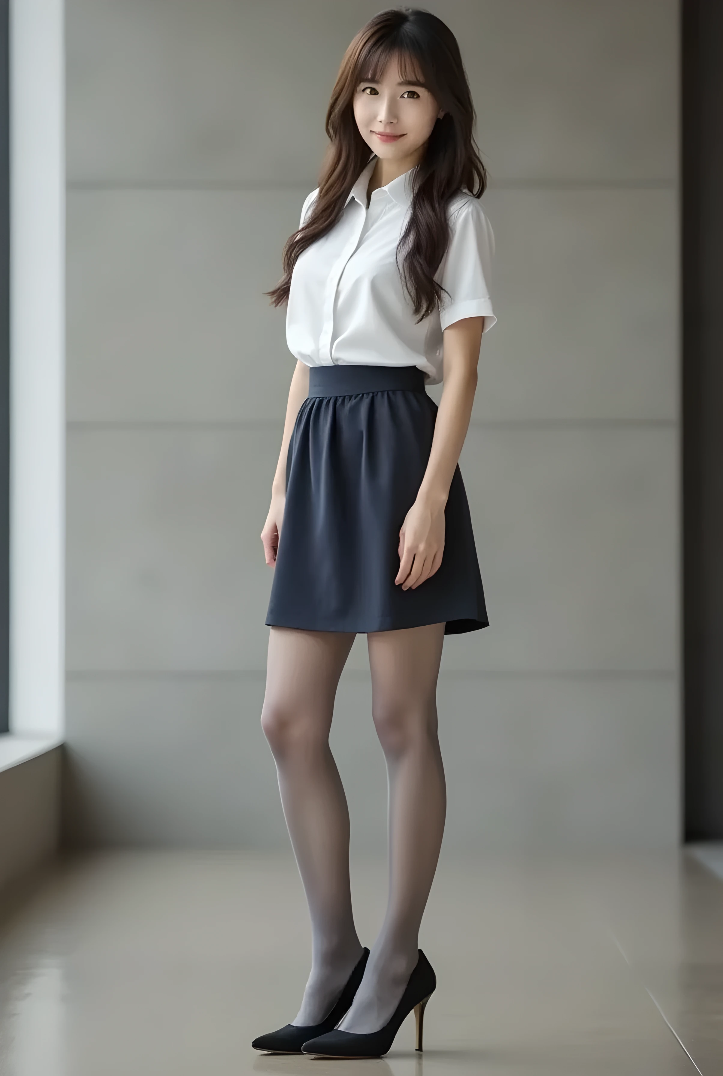       Super Real ,       photorealistic   ,    (Full body image:1.5),  She looks so happy      , shadow,           Global Illumination          , Alone, (Japanese woman in her 20s :1.5),      very beautiful、     cute smile ,    Slim,    brown hair ，　beautiful legs ， Long, slender legs ,       Surimi West   ， She's wearing a receptionist   ，wearing a bus guide  ，   turn your body forward、  white hair，full body photo  ，Please take a picture up to the tip of your foot  ，wear gray pantyhose on her legs  ，When the light hits stockings, they reflects beautifully.，　I'm wearing black high heels      ，