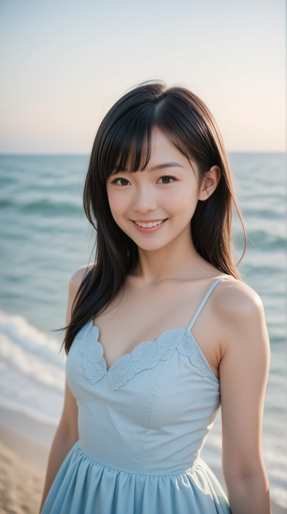 masterpiece,best quality,(Japanese ),((Beautiful girl)),cleavage,(perfect body beauty:1.2),(shy smile),beautiful teeth,(seaside),