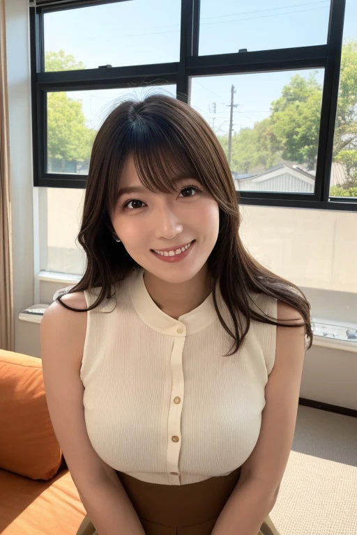 A skinny 40s Japanese wife, (short hair), (very small breasts), small face, detailed face, detailed eyes, detailed lips, detailed legs, blouse, tight skirt, sitting on restaurant, selfie