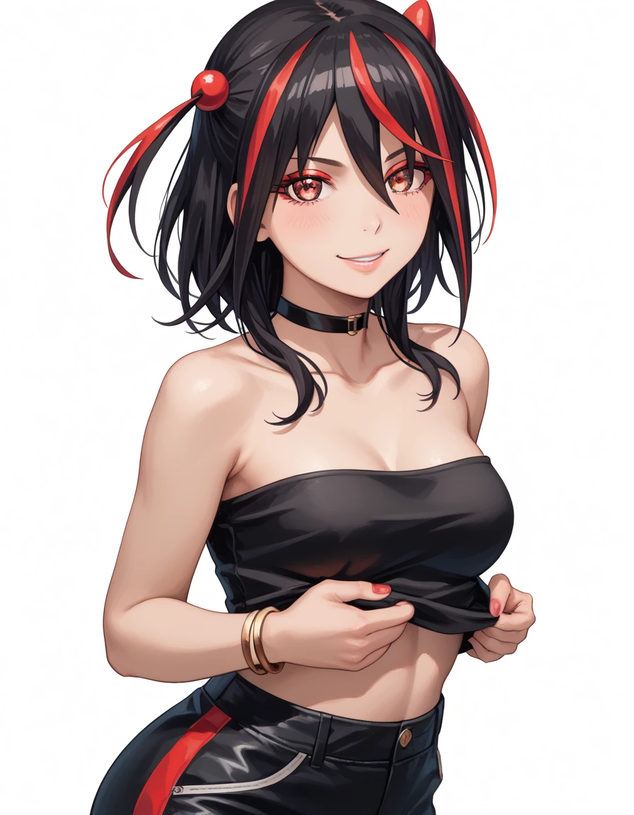 best quality, (masterpiece),(ultra-detailed), (high quality), (high resolution), <lora:Evil-nimu:0.7>,1girl, antenna hair, bangs, black choker, black hair, blush, breasts, choker, closed mouth, collarbone, evil nimu, hair ornament, knee boots, large breasts, looking at viewer, medium breasts, midriff, miniskirt, nipples, nude, plaid, plaid skirt, red hair, red shirt, skirt, smile, solo, teeth, two-tone hair, underwear, upper body