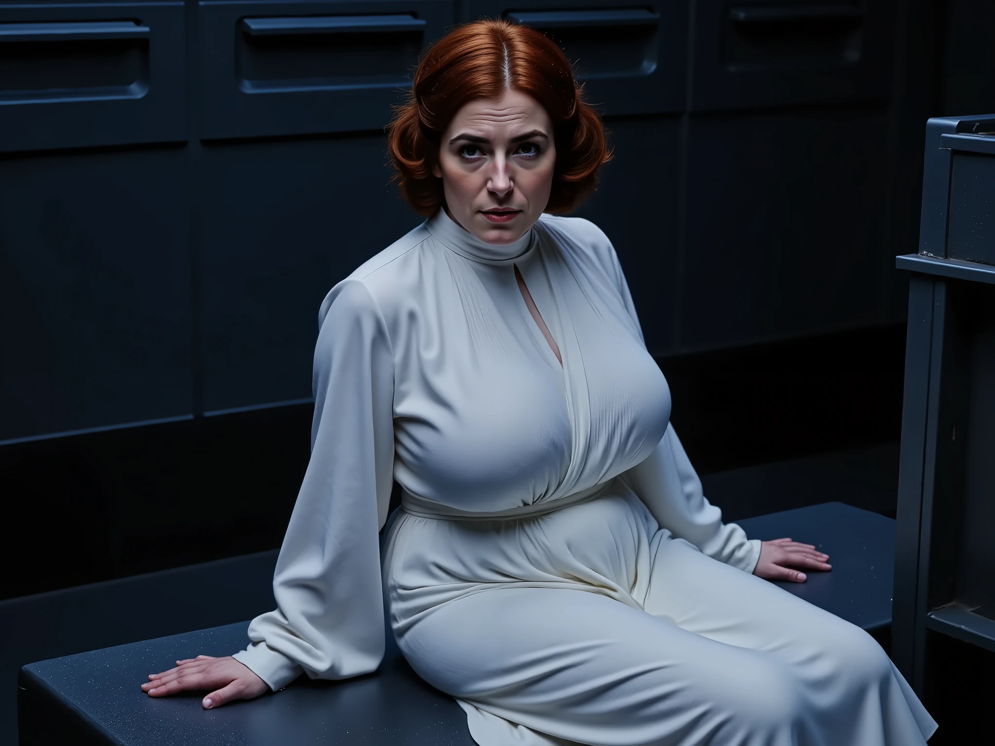 photorealistic picture of margaret reimagining the classic star wars scene. a dark futuristic prison cell in Death Star from Star Wars New Hope. Margaret is dressed in white flowy robes in the princess leia style, and her red hair has been made into style of princess leia. She is half-seated on the jail bench and looking to the camera with a defiant and proud expression. 