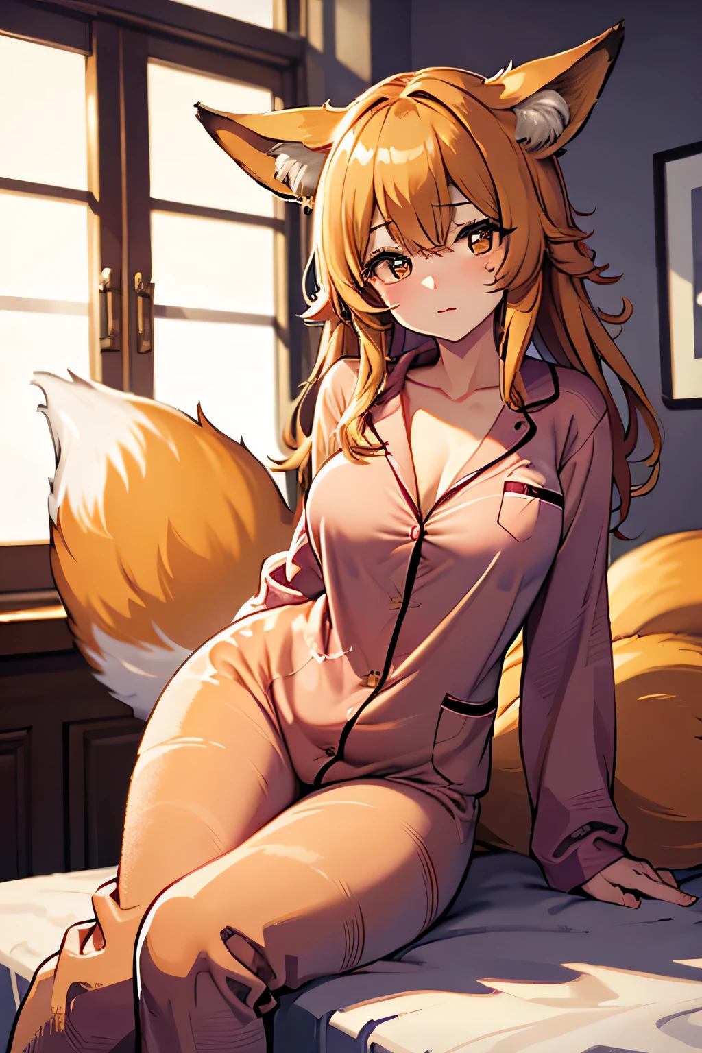 4k, high resolution, best quality, masterpiece, perfect colors, perfect shadows, perfect lighting, Female fox, red fox, two-toned fur, fluffy tail, , Beautiful brown eyes, fit body, , , detailed face, fox tail, (detailed eyes), perfect pupils, , brown long hair, Brown long messy hair, Huge Fox tail, smaller breasts, Pijamas, Night interior of a house, sleepy,  Clothing,
,Cute ,pajamas 