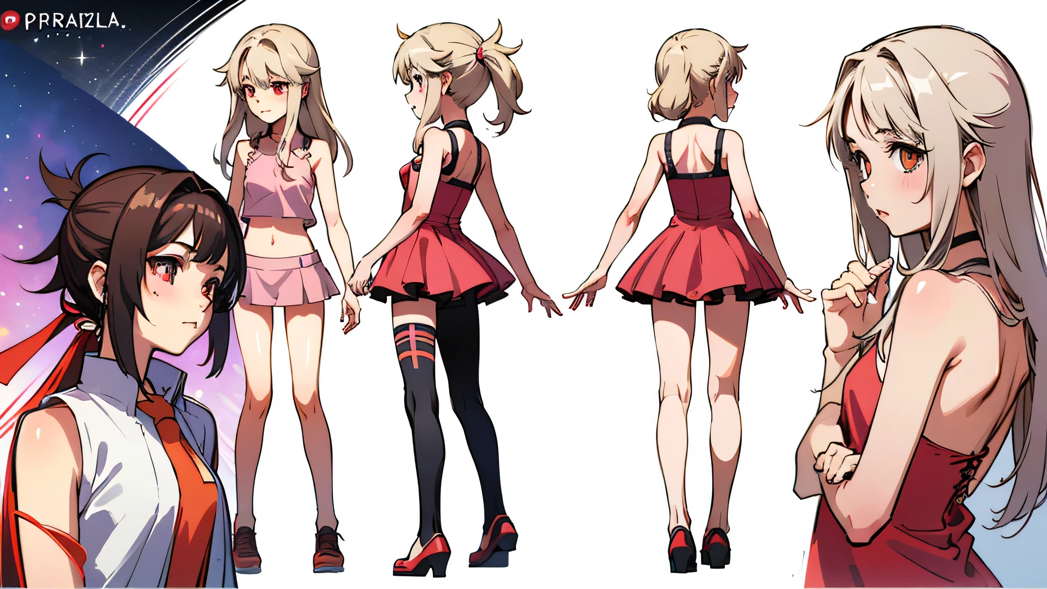 Very detailed, smiling facial expression, medium breasts, full body view, blonde hair with twintails, red eyes, looking at viewer,  wearing black jumper, red skirt, sneakers, bare feet, cute pose.