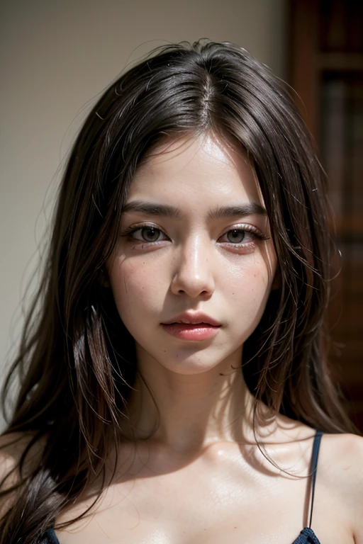 14 year old girl, ojos ragados, broken brown hair, maquillaje bonito, piel clara, slim build, defined jaw, nariz chica y respingada, labios rositas, cabello hasta el hombro, algunos mechones de cabello sobre el rostro, estilo punk, busto ligeramente grande, vestimenta de color negro y blanco