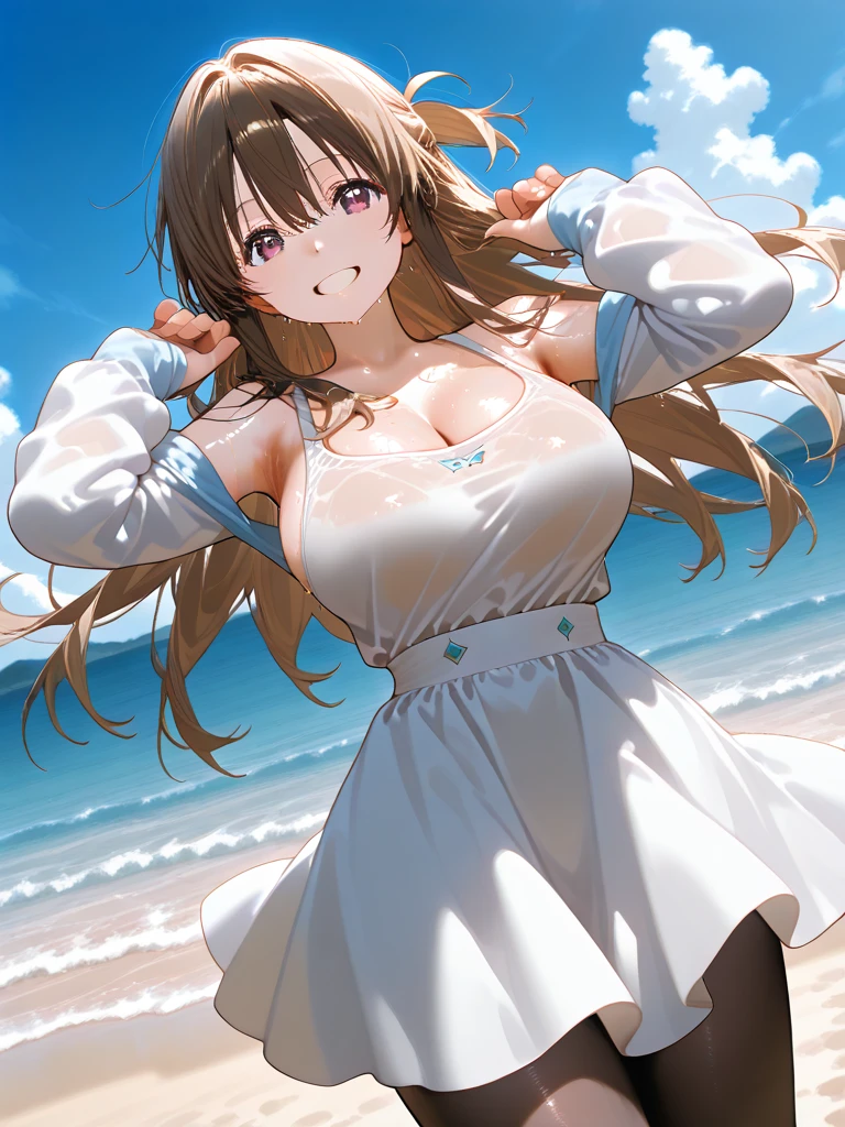 realisticlying、15 year old girl、(Dynamic super close-up looking up from underground)、thighs are a little thicker、Emphasis on the thighs、(White fabric thin tight fit long dress wearing、Versatile sexy poses、Breasts enlarged、Face smile、Sunset Coast