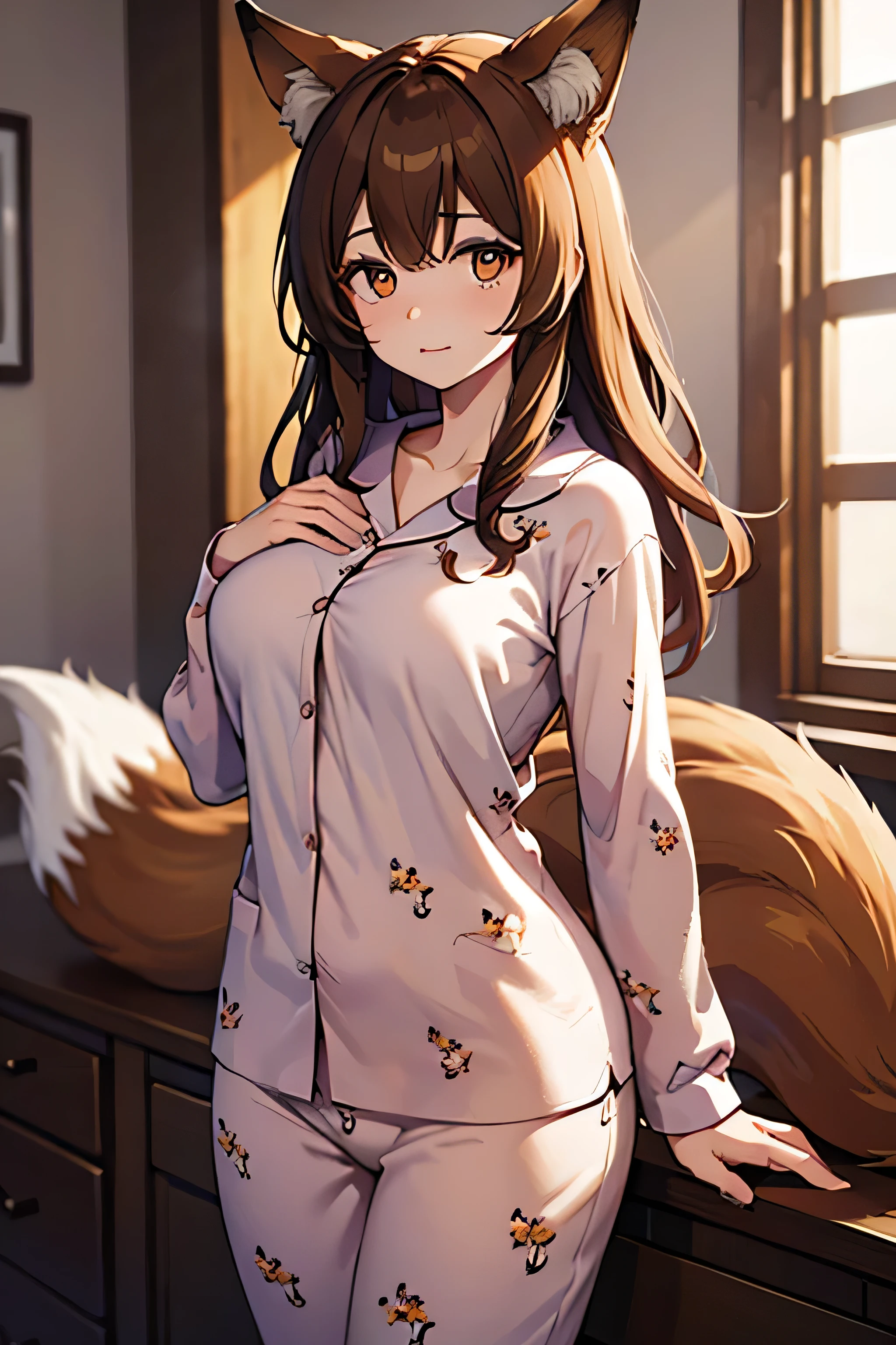 4k, high resolution, best quality, masterpiece, perfect colors, perfect shadows, perfect lighting, Female fox, fluffy tail, , Beautiful brown eyes, fit body,detailed face, fox tail, (detailed eyes), perfect pupils, , ((brown long hair)), ((Brown long messy hair)), Huge Fox tail, smaller breasts, Pijamas, Night interior of a house, sleepy,  Clothing,
,Cute ,pajamas 