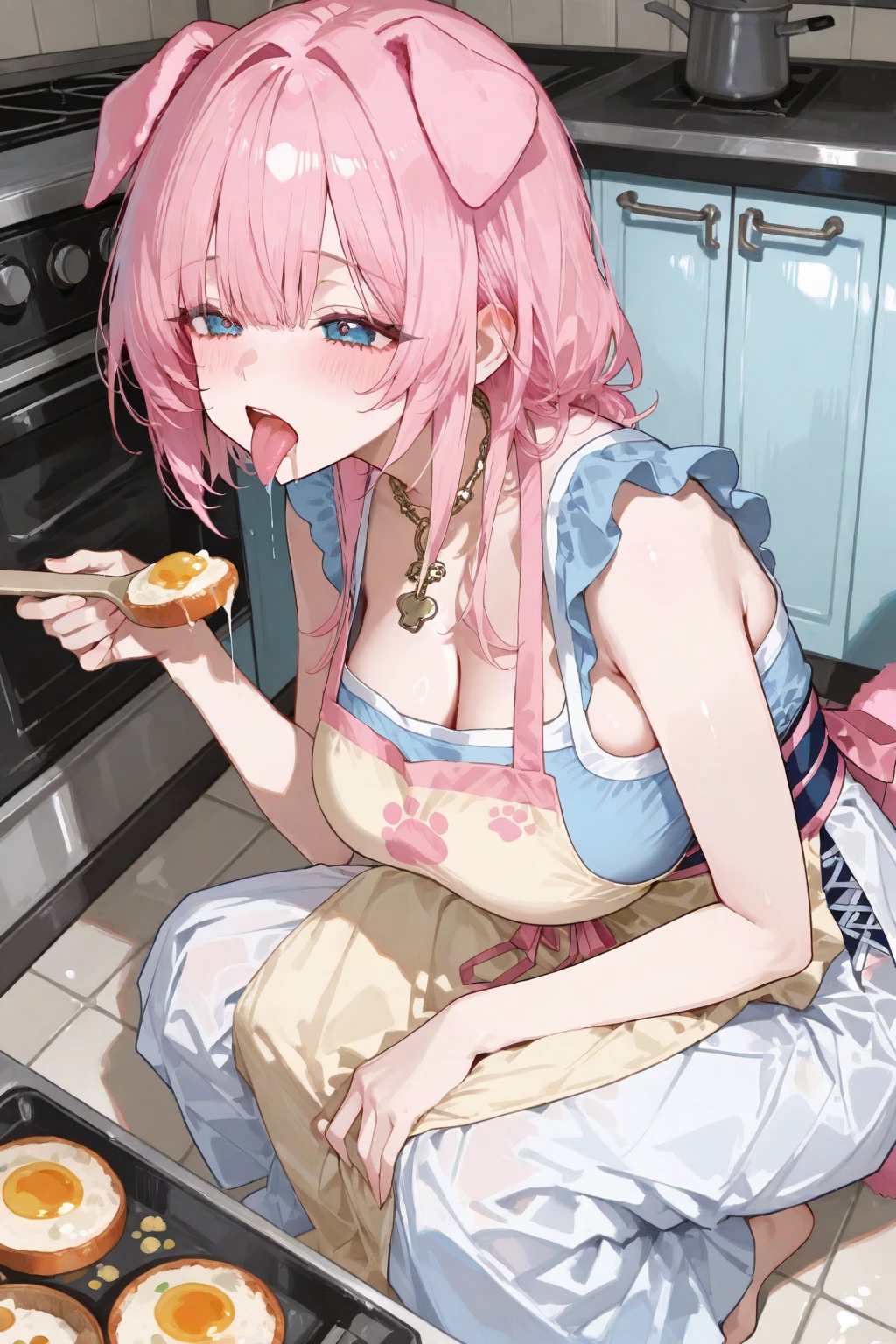 Masterpiece, Solo, Slender face, Long eyelashes, elongated, (Straight hair : 1.3), (Red eye: 1.3), (Pink hair, White mesh: 1.2), Climax eyes, large cleavage, Slim, Angle from above, Inn, Light blue lace sia lingerie, On tatami mats, Squatting, legs wide open, Crotch, Crying, Mouth wide open, Sweating, Sausage in chest, chewing sausage,