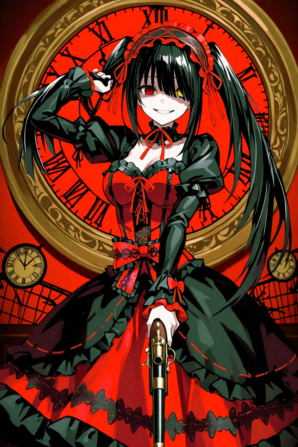 1girl, black hair, (red eye) ,red rose, Red bow,  black noble dress ,pale skin,
(high resolution, high detail, best quality), mysterious, elegant