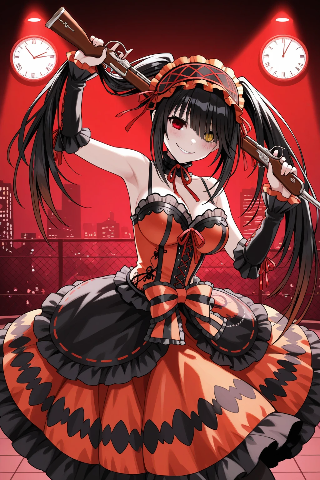 crazy, devil eyes, Tokisaki Kurumi, holding guns, bullets, full body