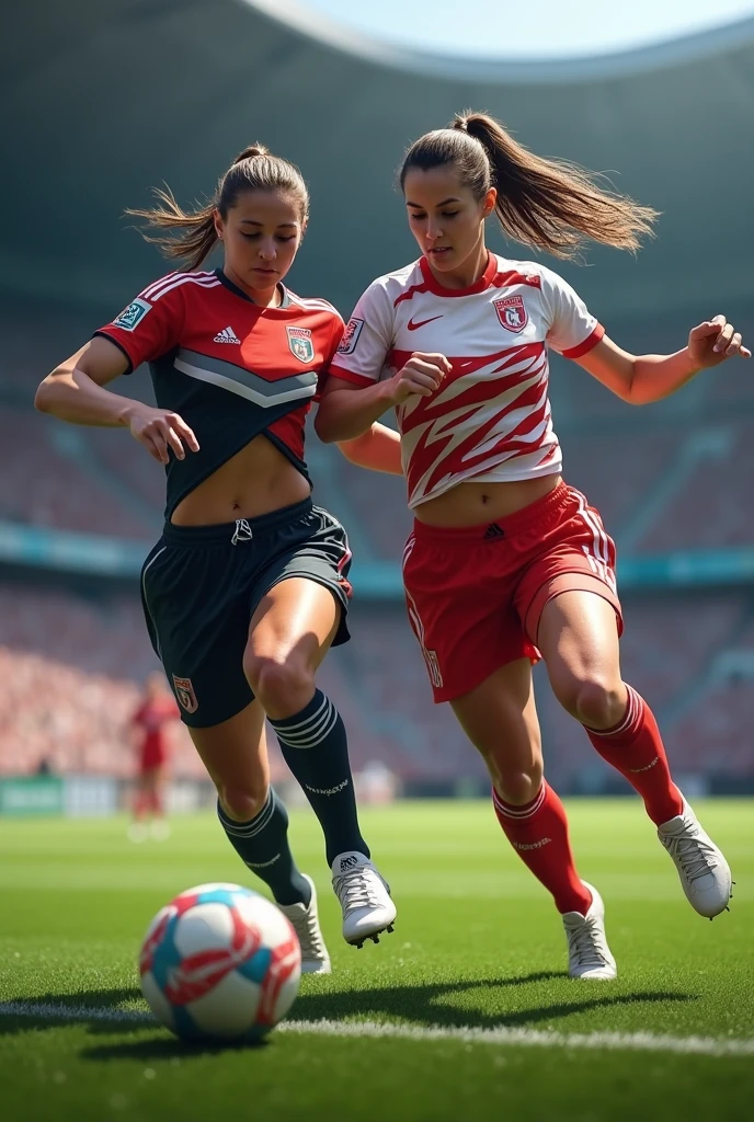 ((best quality)), ((masterpiece)), (detailed), only 1 woman soccer play before she kick the ball on stadium, in red football uniform, red tshirt and red shorts