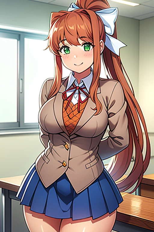 Masterpiece, high quality, best quality, beautiful, HD, perfect lighting, detailed face, detailed body, ultra cute face, cowboy shot 1.5, tuned to the side, ((1girl)), ((solo)), cute pose, (Monika),

 brown hair, green eyes, very long hair, ponytail, (white bow), blazer, brown sweater, collared shirt, neck ribbon, blue skirt, school classroom, looking at viewer, (blush),

sweet smile, affectionate, medium breasts, perky breasts, wide hips, ((thick thighs)), chubby, hand on hip, 