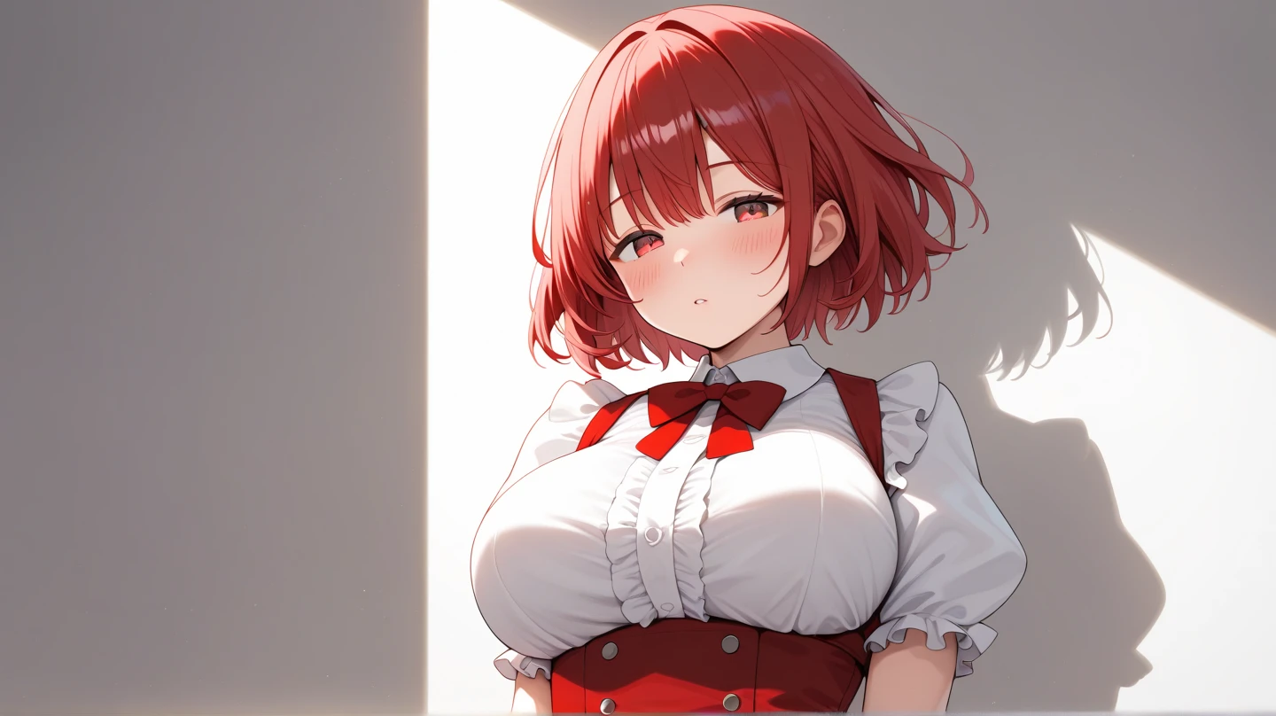 image is a large anime girl wearing a very short skirt and top, 1girl, breasts, solo, panties, underwear, looking at viewer, black panties, large breasts, skirt, cleavage, bow, thighs, clothes lift, red eyes, red hair, red skirt, bangs, skirt lift, ass visible through thighs, long sleeves, bowtie, lifted by self, red bow