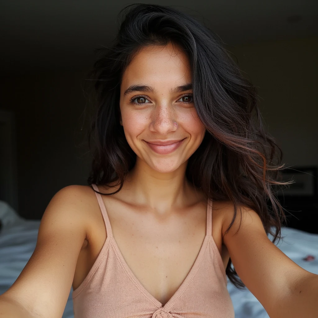 portrait of jortega looking at viewer, tying hair into a bun, showing armpits, smiling, wearing black top, bending over, masterpiece, extremely detailed skin, photorealistic, heavy shadow, dramatic and cinematic lighting, key light, fill light