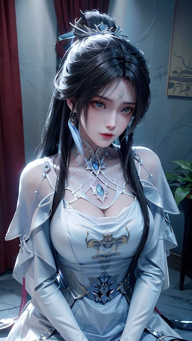 1 sexy sexy beautiful girl in hanfu dress, blue thin silk top with white pattern, white lace trim, purple-black long ponytail, hair jewelry, ear jewelry, necklace and ring neck, meticulously drawn big blue eyes, meticulous makeup, thin eyebrows, high nose, pretty red lips, not smiling, pursed lips, rosy cheeks, enlarged breasts, huge breasts, well-proportioned breasts, slim waist, blue mesh socks, loose sleeves, chinese hanfu style, fictional art textures, vivid and realistic colors, RAW photos, realistic photos, ultra high quality 8k surreal photos, (light effect) awesome) awesome: 1.8), 10x pixels, magic effect (background): 1.8), super detailed eyes, girl upper body, girl portrait, girl alone, hanfu history background,