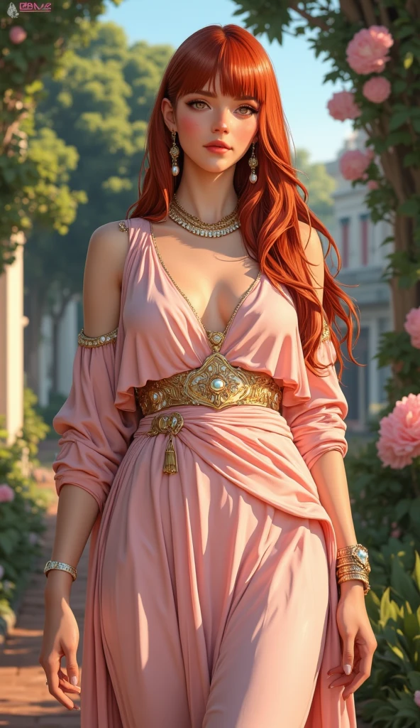 masterpiece, absurdres, rangiku, 1girl, solo, smiling, mature female, wearing indian saree, saree, looking at viewelling petals), perfect composition, detailed lips, big breast, beautiful face, body proportion, blush, (pink lips), orange hair,open hair, soft gaze, super realistic, detailed, photoshoot, realistic face and body, full body picture, 16k, at a flower garden, wearing high heels, sitting