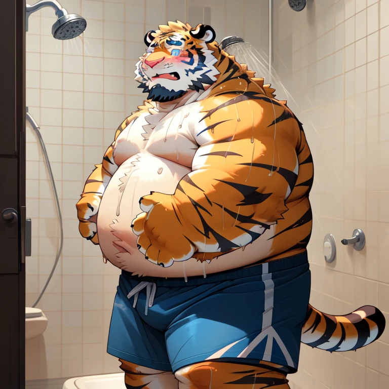 New Jersey 5 Furry,Tiger,Full body portrait of an individual,Exquisite, Chubby,Fat,Thick arms,Rugged muscles,plush fur,Topless,Chubby脸,Black eyebrows,sky blue eyes,Beard,shorts,bathroom,Sweating,Standing,front,Show muscles