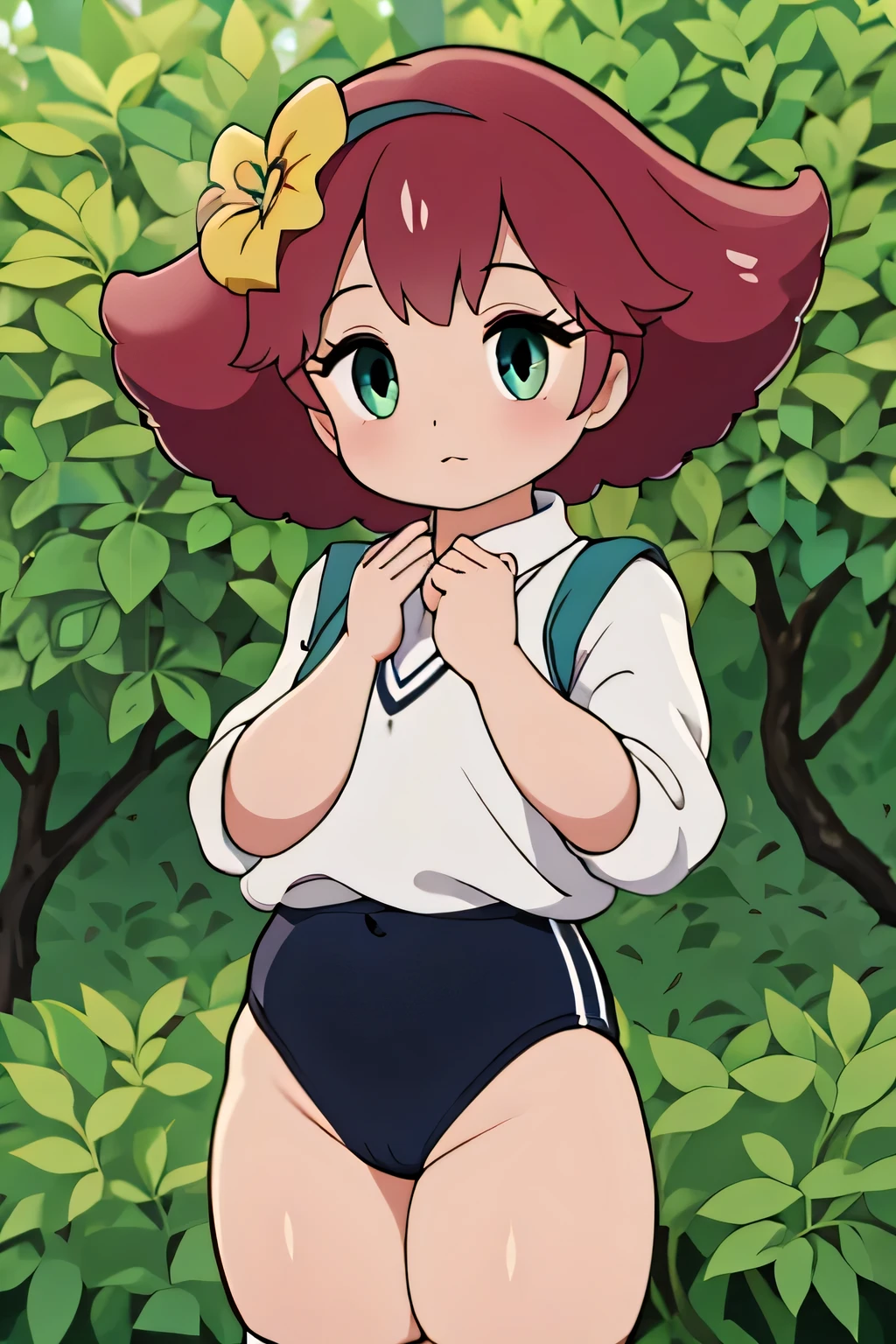 (masterpiece, highest quality), 1 girl, beautiful face, beautiful body, wearing a Black gymnastics bloomers, High leg、white blouse, cowboy shot、Are standing、full body portrait、alone, complex details, enlarged textures, complex details, finely detailed eyes and detailed face, intricate details, (closed mouth), perfect eyes, equal eyes, perfect body, extremely detailed, (), extremely realistic 3d,In a dark forest,