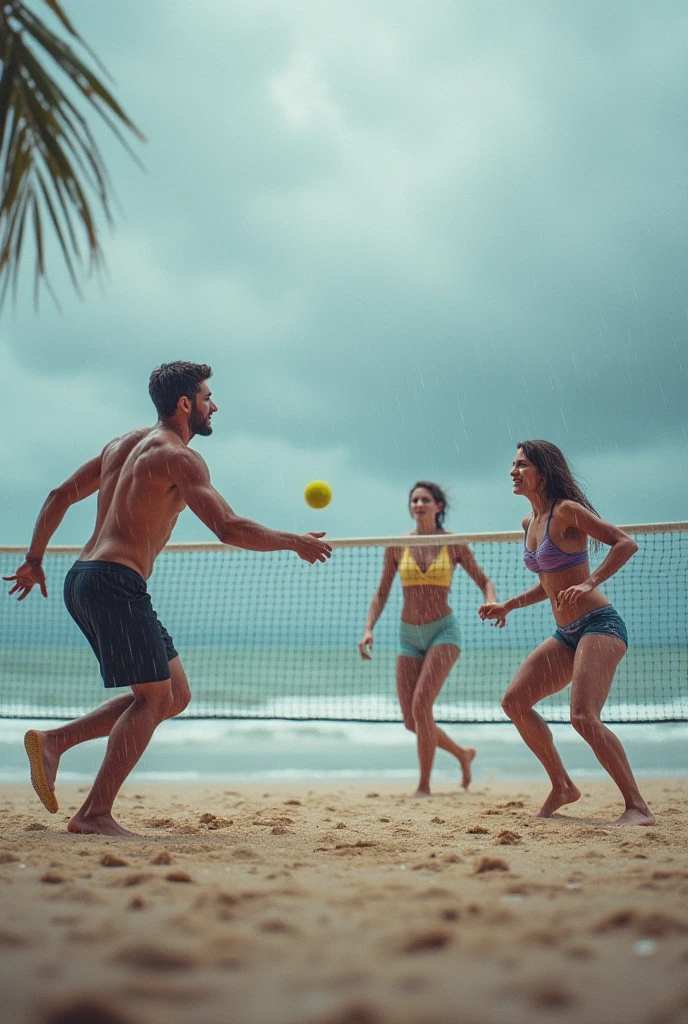 (photorealism:1.2), woman and two men as volleyball players