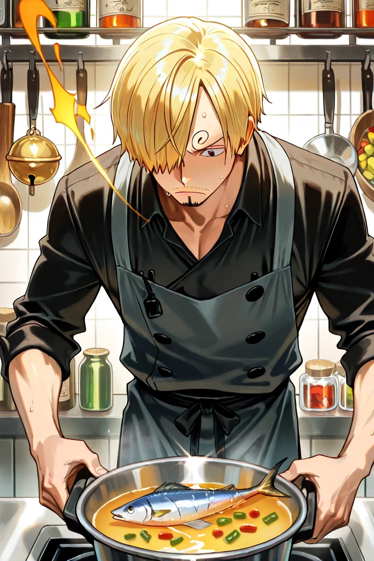 (masterpiece, highest quality, best quality, highest detailed, perfect face) 1 man, adult, muscular, broad man, blond hair back, blue eyes, (Clothes: black compression t-shirt, kitchen accessories, apron ) in a fast food kitchen, cooking, lots of food, lewd smile, licking lips